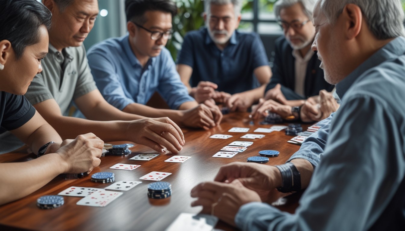 Sekelompok orang dewasa sedang duduk mengelilingi meja bermain kartu poker Cina dengan ekspresi serius dan fokus.