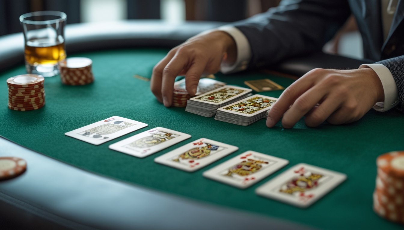 Seorang pria sedang menyusun kartu Chinese Poker di atas meja poker dengan tumpukan chip dan gelas minuman di sampingnya.
