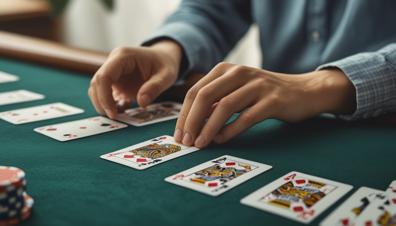 Seseorang sedang menyusun kartu poker Cina di atas meja hijau dengan fokus dan hati-hati.