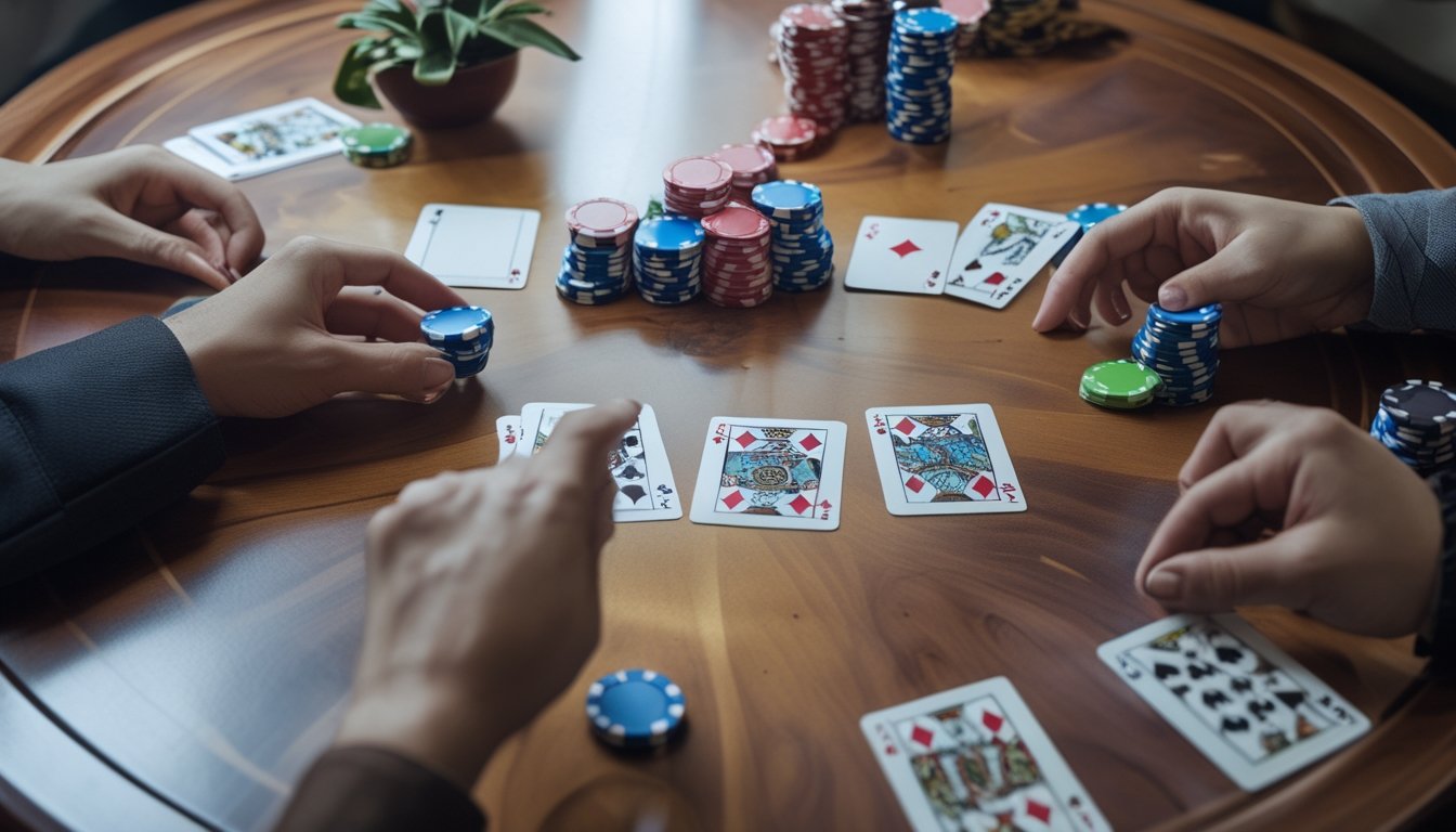 Pemandangan atas permainan poker China dengan kartu dan chip yang tersusun rapi di atas meja kayu.