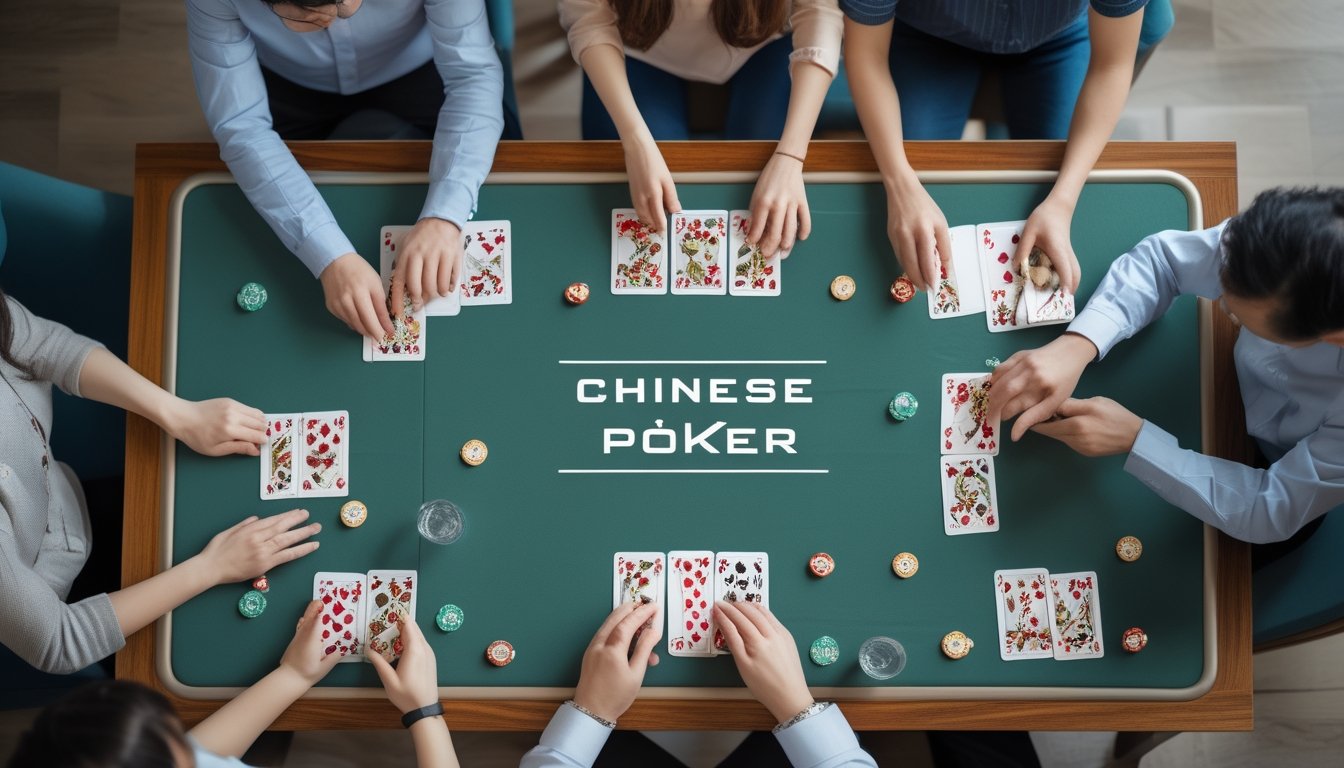 Pemandangan atas dari permainan Chinese Poker dengan kartu yang tertata rapi di meja kayu, dan tangan pemain yang sedang mengatur kartu.