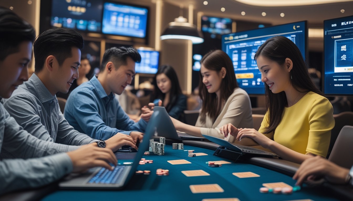 Beberapa orang bermain poker Cina secara online di sebuah ruangan modern dengan laptop dan tablet.