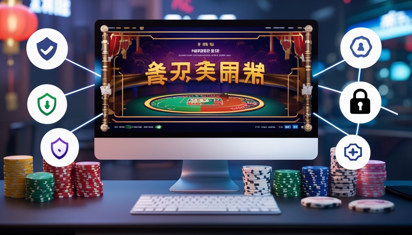Seorang pemain duduk di depan komputer dengan tampilan permainan Chinese Poker online dan chip poker di meja, menampilkan suasana kasino online yang terpercaya.