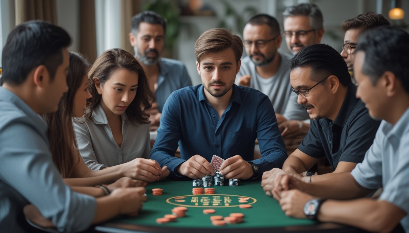 Sekelompok orang bermain Chinese Poker di sekitar meja, dengan satu orang terlihat bingung dan yang lain memberi petunjuk.