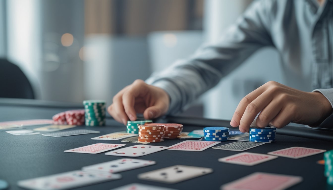 Seorang pemain muda yang fokus sedang mengatur kartu poker Cina di meja permainan dengan kartu dan chip poker di depan mereka.