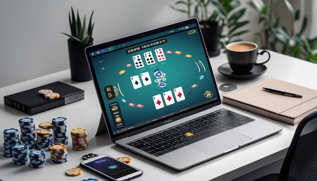 Seorang pemain duduk di depan laptop dengan permainan Chinese Poker online di layar, dikelilingi oleh chip poker, smartphone, dan alat tulis di meja kerja yang rapi.