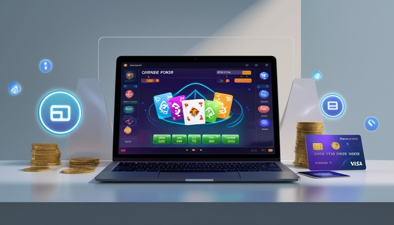 Sebuah laptop menampilkan permainan Chinese Poker online dengan kartu berwarna dan ikon bonus, dikelilingi simbol mata uang digital dan kartu kredit di atas meja.