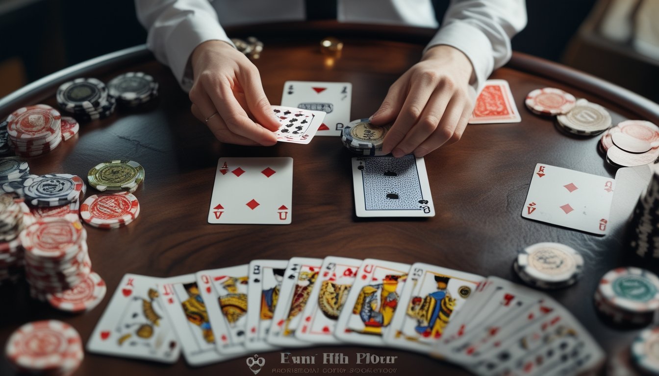 Seorang pemain sedang mengatur kartu dan chip di atas meja poker untuk permainan Chinese Poker.