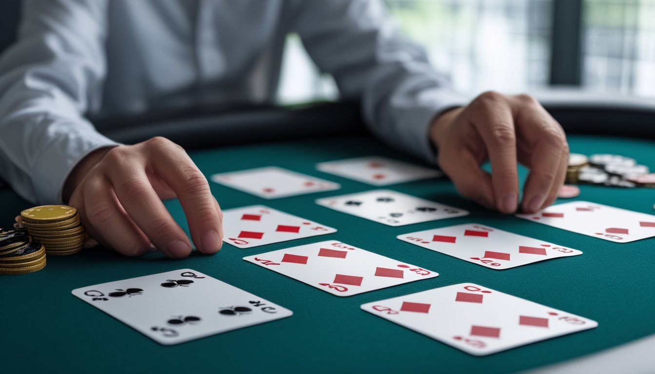 Tangan pemain yang sedang mengatur kombinasi kartu di meja permainan Chinese Poker.
