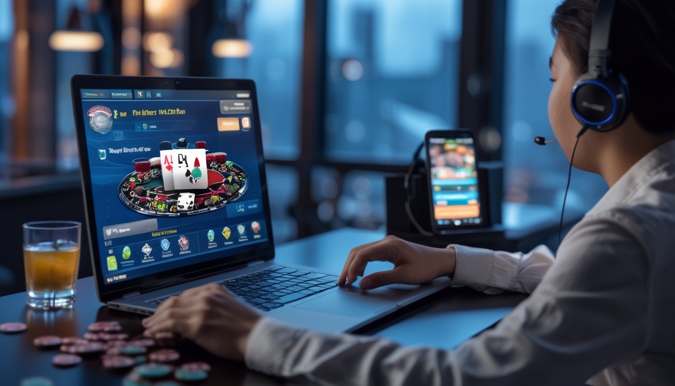 Seseorang bermain poker Cina secara langsung di kasino online dengan komputer dan chip poker di meja.
