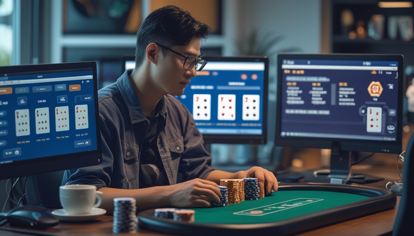 Seseorang sedang bermain Chinese Poker secara online di depan layar komputer dengan kartu dan chip poker di meja.