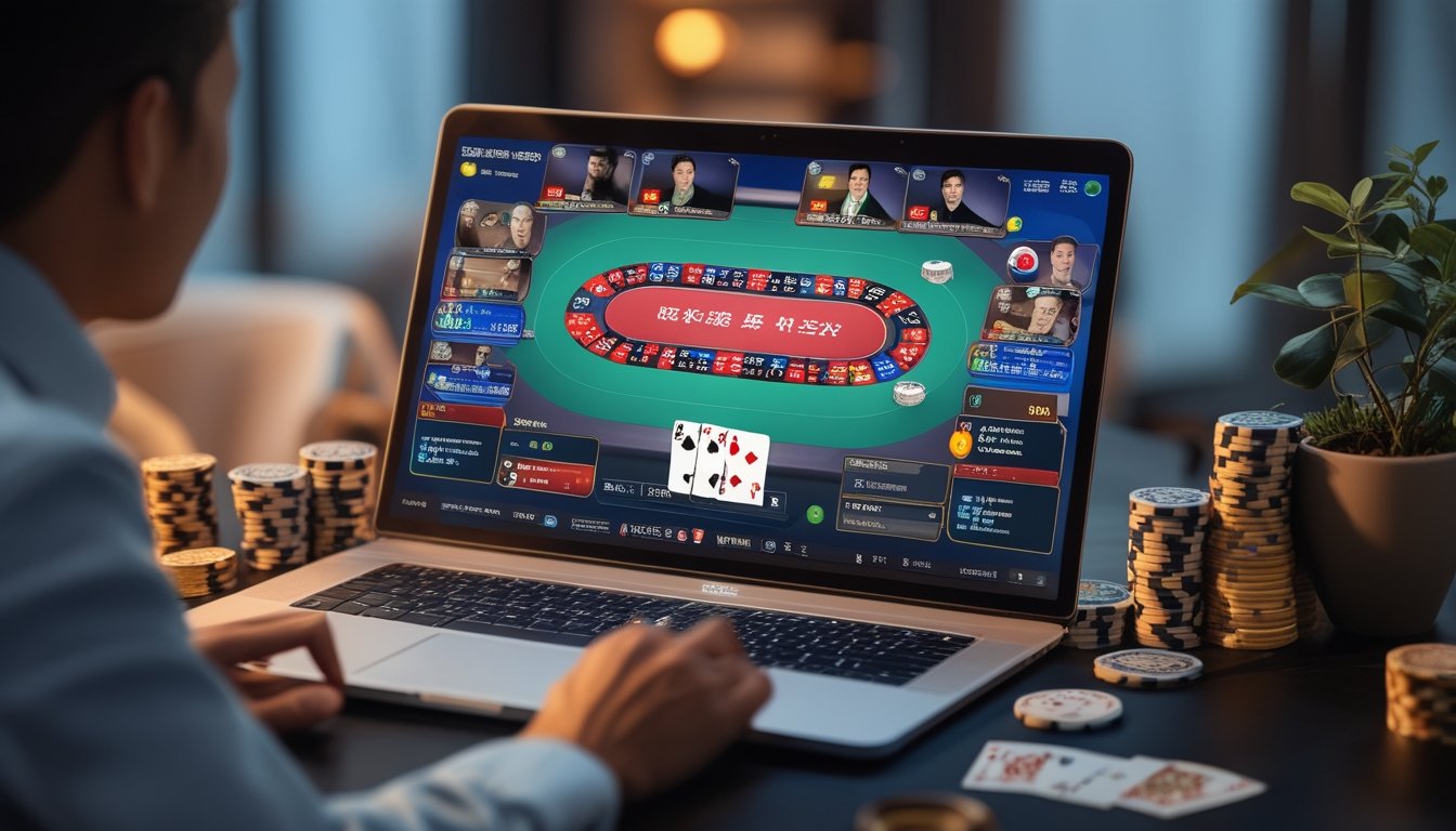 Seorang pemain duduk di depan komputer dengan layar menampilkan meja poker Chinese Poker online, dikelilingi oleh tumpukan chip poker dan kartu bermain.