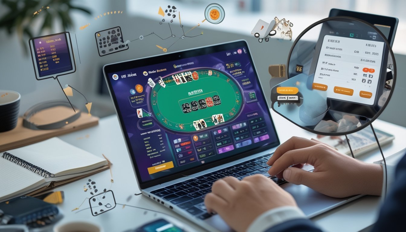 Seorang pengguna sedang memilih meja Chinese Poker online dengan tampilan layar laptop yang menunjukkan kartu dan chip poker serta grafik statistik RTP di meja kerja yang rapi.