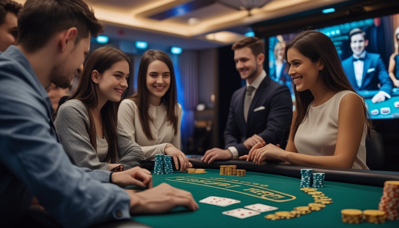 Orang-orang bermain permainan Live Casino Hold’em di meja kasino dengan dealer langsung di layar digital.