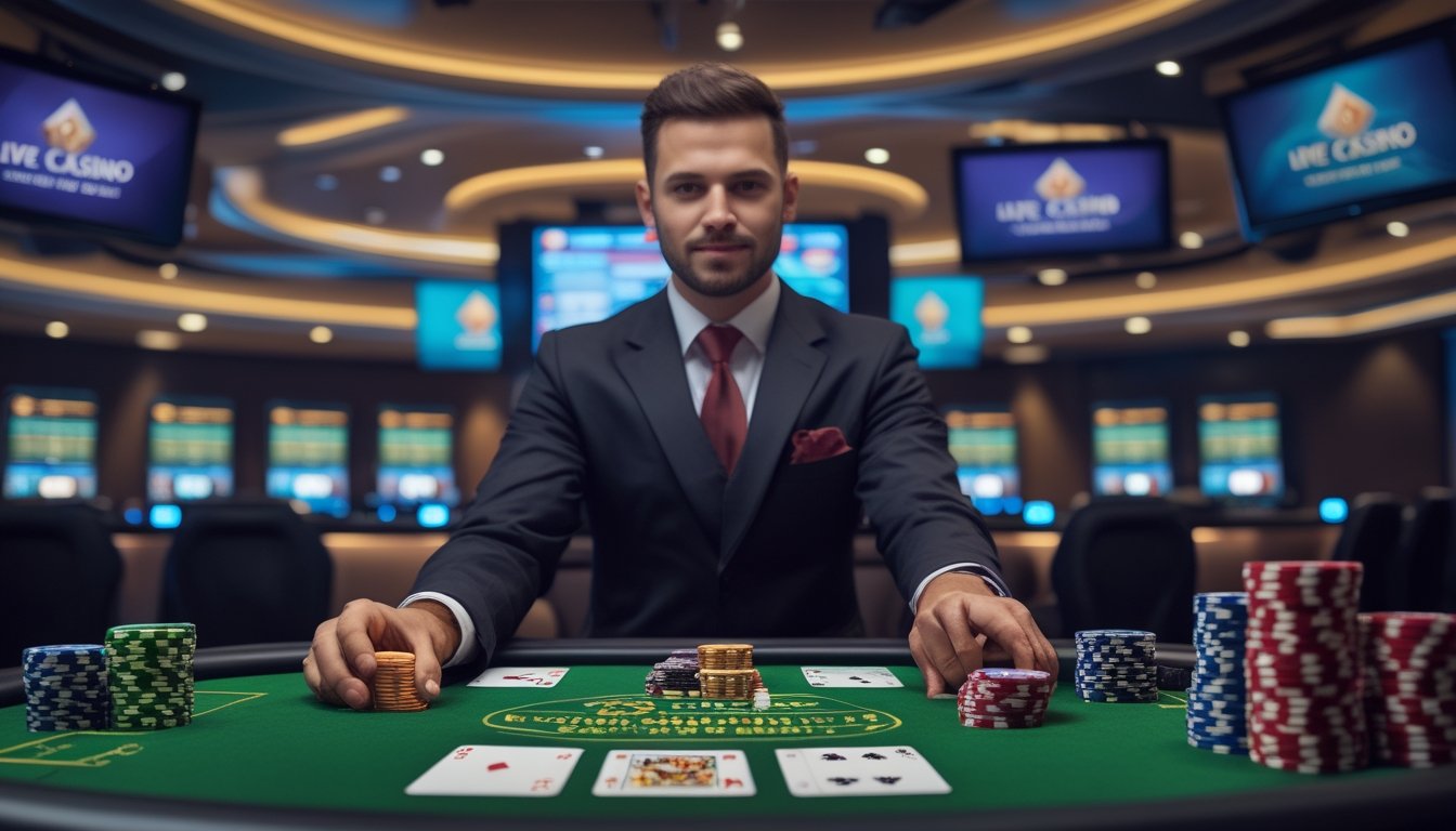 Seorang dealer di meja kasino dengan kartu dan chip, di latar belakang layar menampilkan permainan kasino langsung.