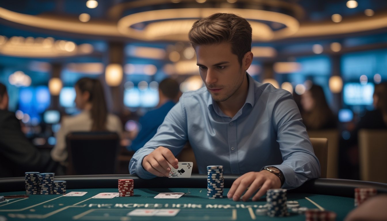Seorang pria muda duduk di meja kasino bermain Live Casino Hold’em dengan tumpukan chip terbatas, terlihat fokus dan menganalisis kartu.