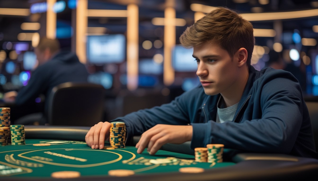 Seorang pria muda duduk di meja kasino bermain Live Casino Hold’em dengan ekspresi fokus dan serius.