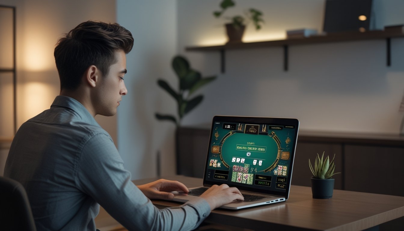 Seorang pria muda serius bermain Live Casino Hold’em online di laptop di dalam ruangan yang nyaman.