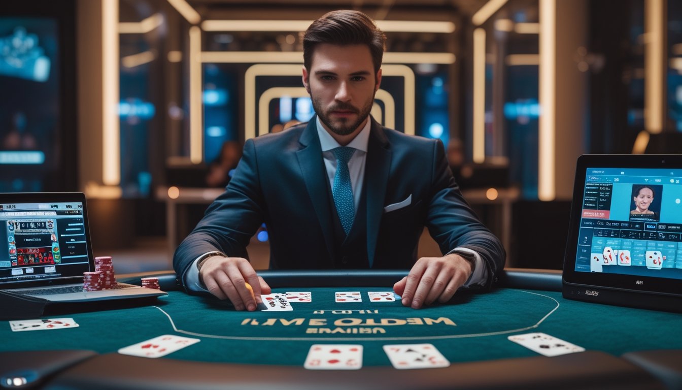 Seorang pemain duduk di depan meja poker digital dengan kartu dan chip, berinteraksi dengan dealer langsung dalam suasana kasino online.