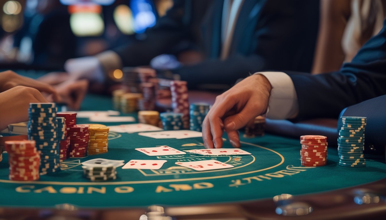 Meja kasino dengan pemain dan dealer sedang bermain Casino Hold’em, kartu dan chip terlihat di atas meja.