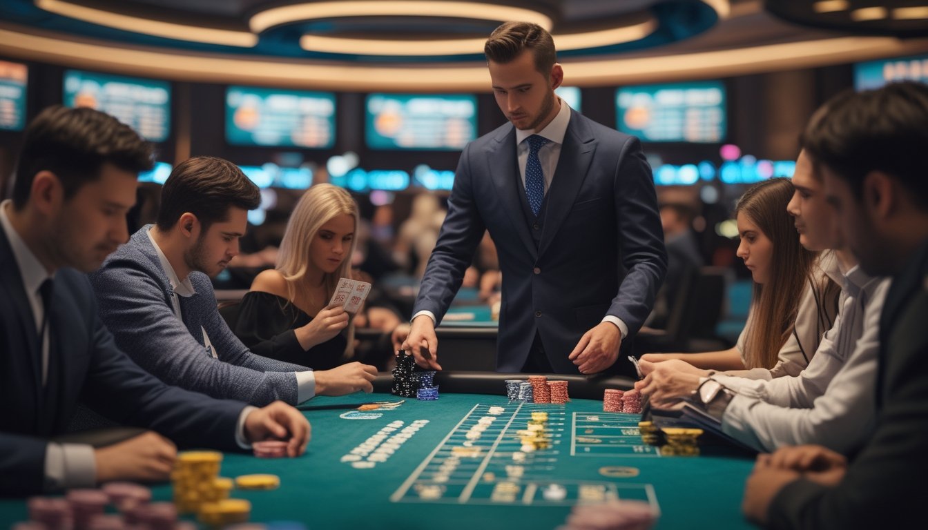Seorang dealer dan pemain di meja poker live casino sedang menghitung peluang dan odds dalam permainan Live Casino Hold’em.