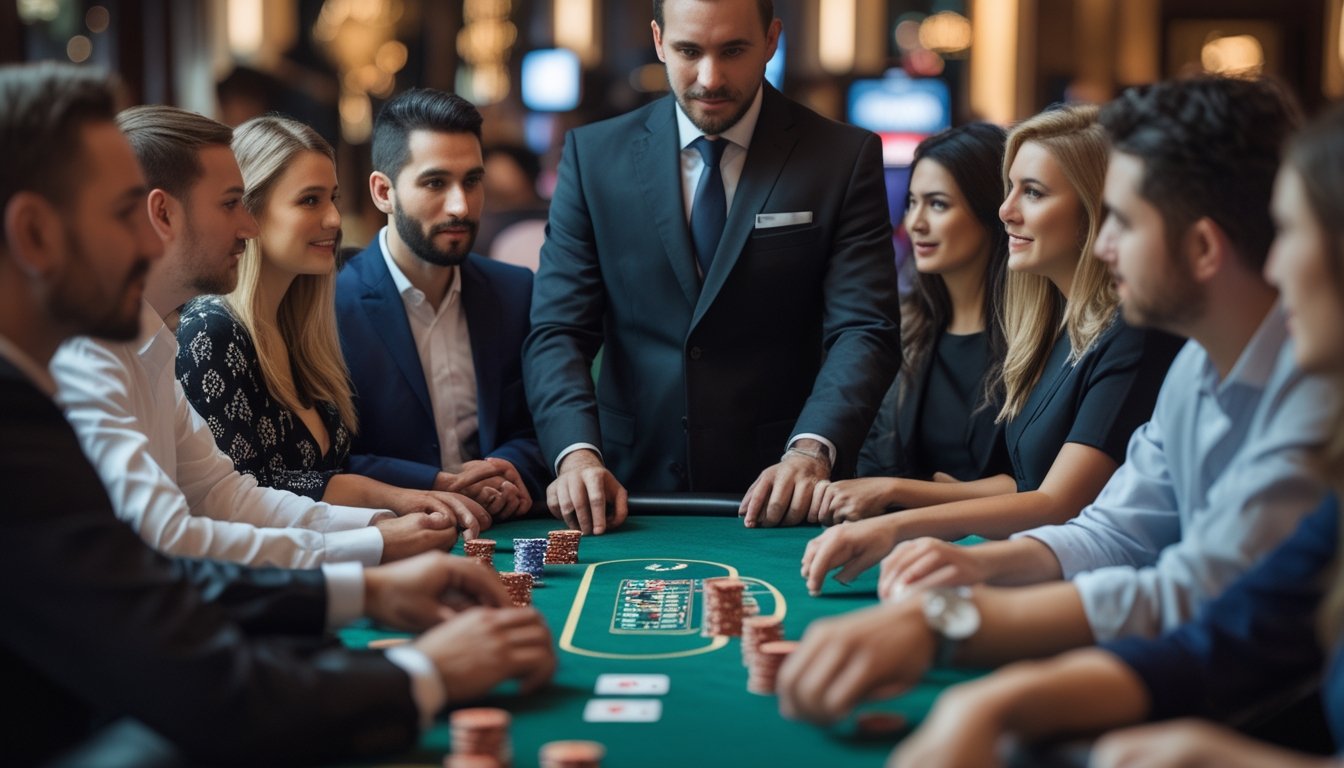 Seorang dealer berdiri di meja poker dengan pemain yang fokus bermain Casino Hold’em di kasino.