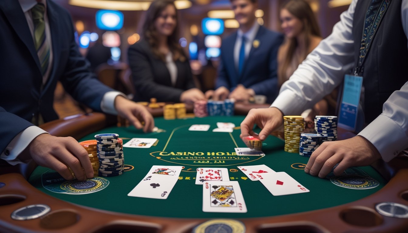 Suasana meja kasino dengan dealer membagikan kartu kepada pemain di permainan Casino Hold’em.