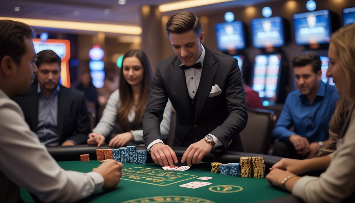 Seorang dealer kartu di meja kasino dengan beberapa pemain yang fokus bermain Live Casino Hold’em.