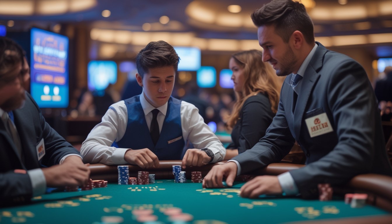 Seorang pemain pemula di meja kasino live Casino Hold’em dengan dealer yang membimbing, suasana kasino yang sibuk dan profesional.