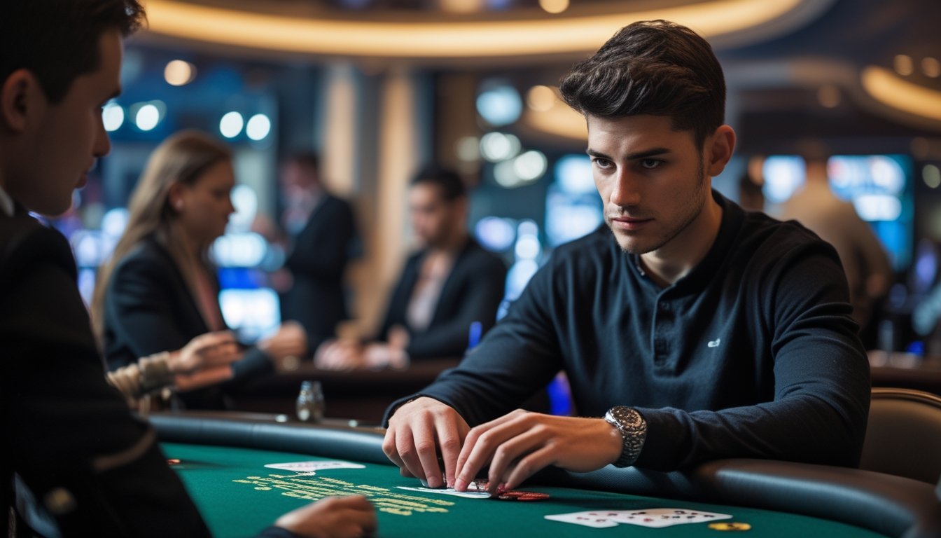 Seorang pemain muda duduk di meja casino Hold'em dengan dealer langsung di latar belakang, fokus memeriksa kartu dan chip di meja.