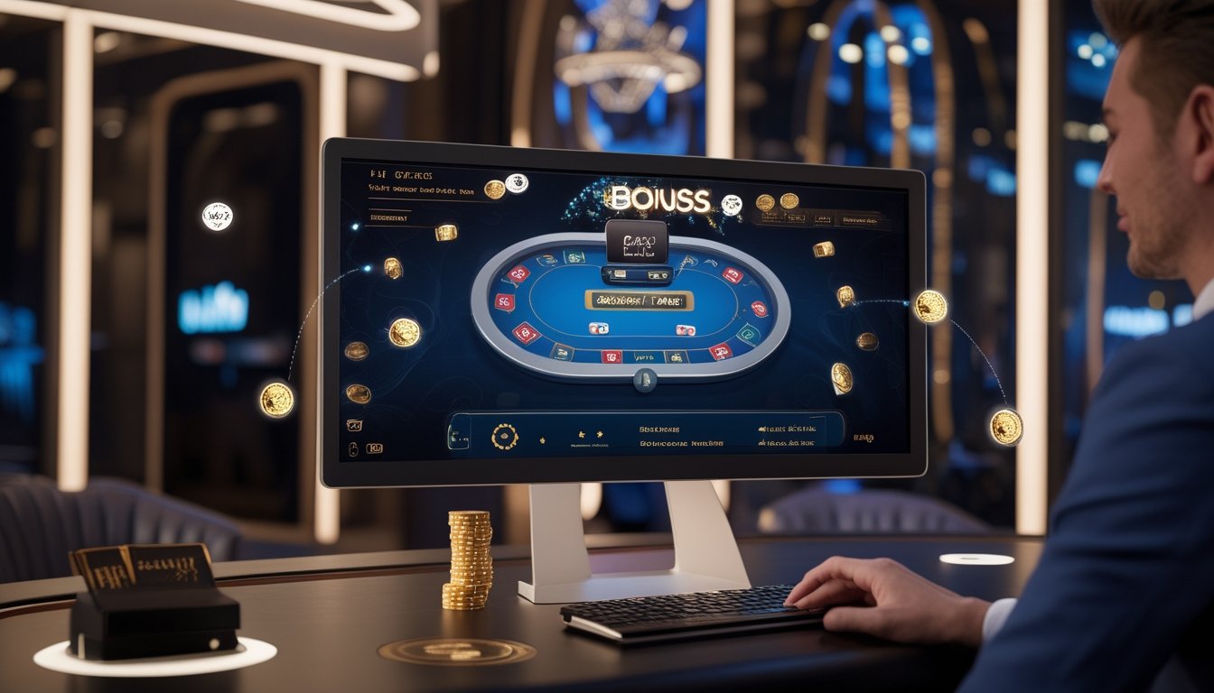 Seorang pemain berbusana rapi sedang bermain Live Casino Hold’em online di depan layar komputer dengan meja poker virtual dan chip digital.