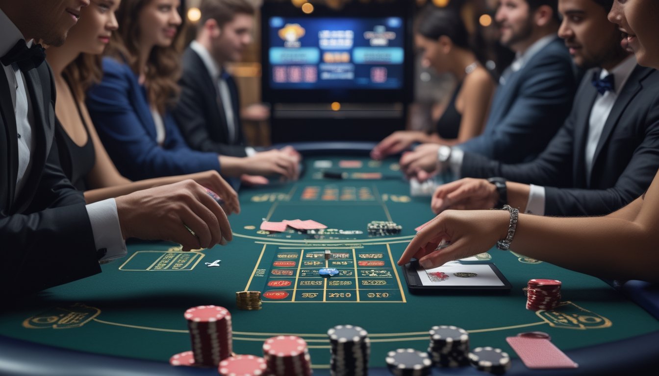 Suasana meja kasino dengan dealer membagikan kartu kepada pemain yang fokus bermain Casino Hold’em.