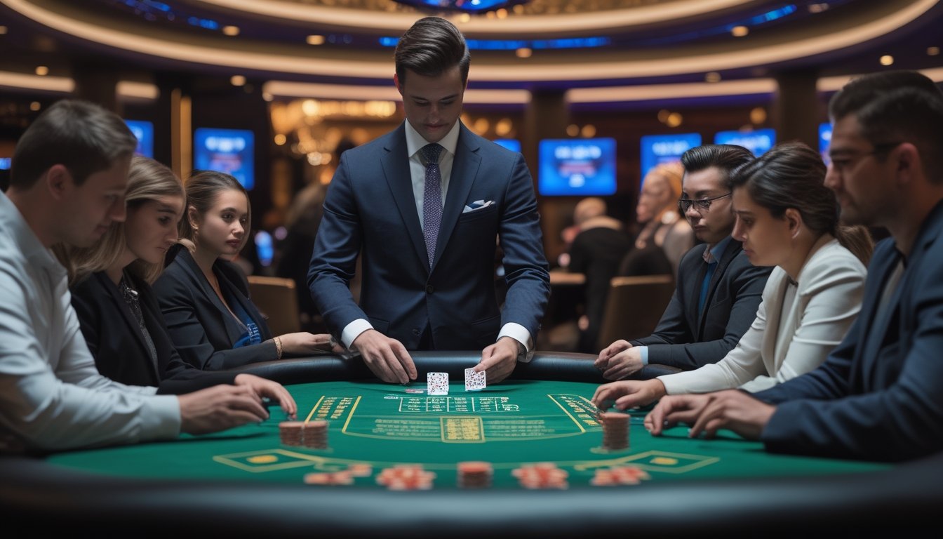 Seorang dealer dan beberapa pemain duduk di meja poker di kasino, fokus bermain Live Casino Hold’em dengan suasana yang profesional dan tenang.