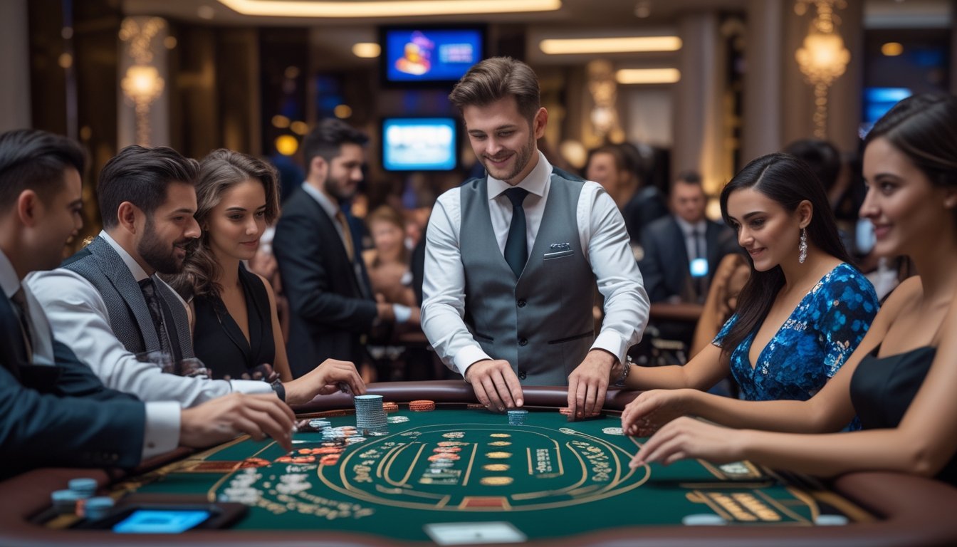 Seorang dealer dan beberapa pemain sedang bermain Casino Hold'em di meja kasino dengan suasana profesional dan fokus.