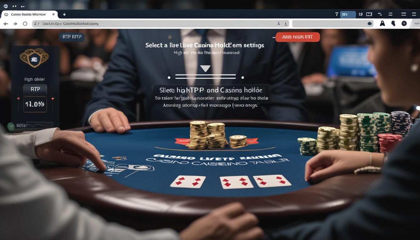 Seorang dealer langsung di meja Casino Hold’em online dengan kartu dan chip, menampilkan suasana permainan kasino yang profesional dan modern.