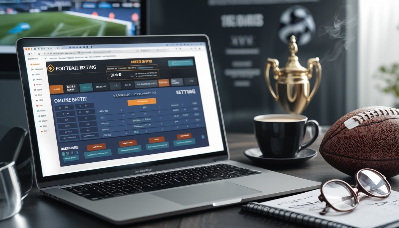 Meja kerja dengan laptop dan ponsel yang menampilkan situs taruhan sepak bola, sebuah bola sepak, dan alat tulis.