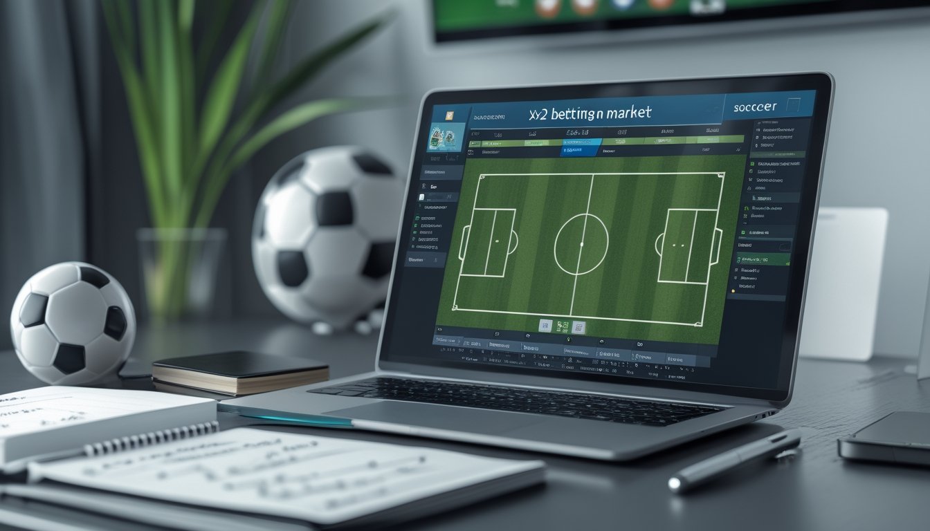 Meja kerja dengan laptop yang menampilkan antarmuka taruhan sepak bola 1X2, buku catatan, pena, dan ponsel yang menunjukkan pertandingan sepak bola langsung.