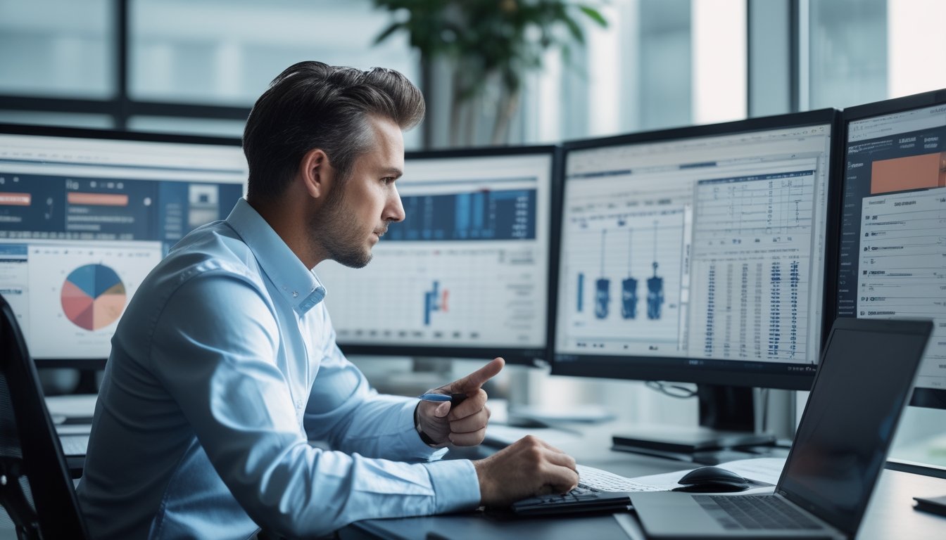Seorang analis olahraga pria sedang mempelajari statistik dan analisis tim sepak bola di depan beberapa layar komputer di ruang kantor modern.
