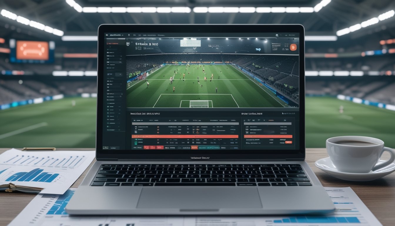 Meja kerja dengan laptop menampilkan analisis taruhan sepak bola 1X2, kertas grafik dan layar menampilkan pertandingan sepak bola yang sedang berlangsung.