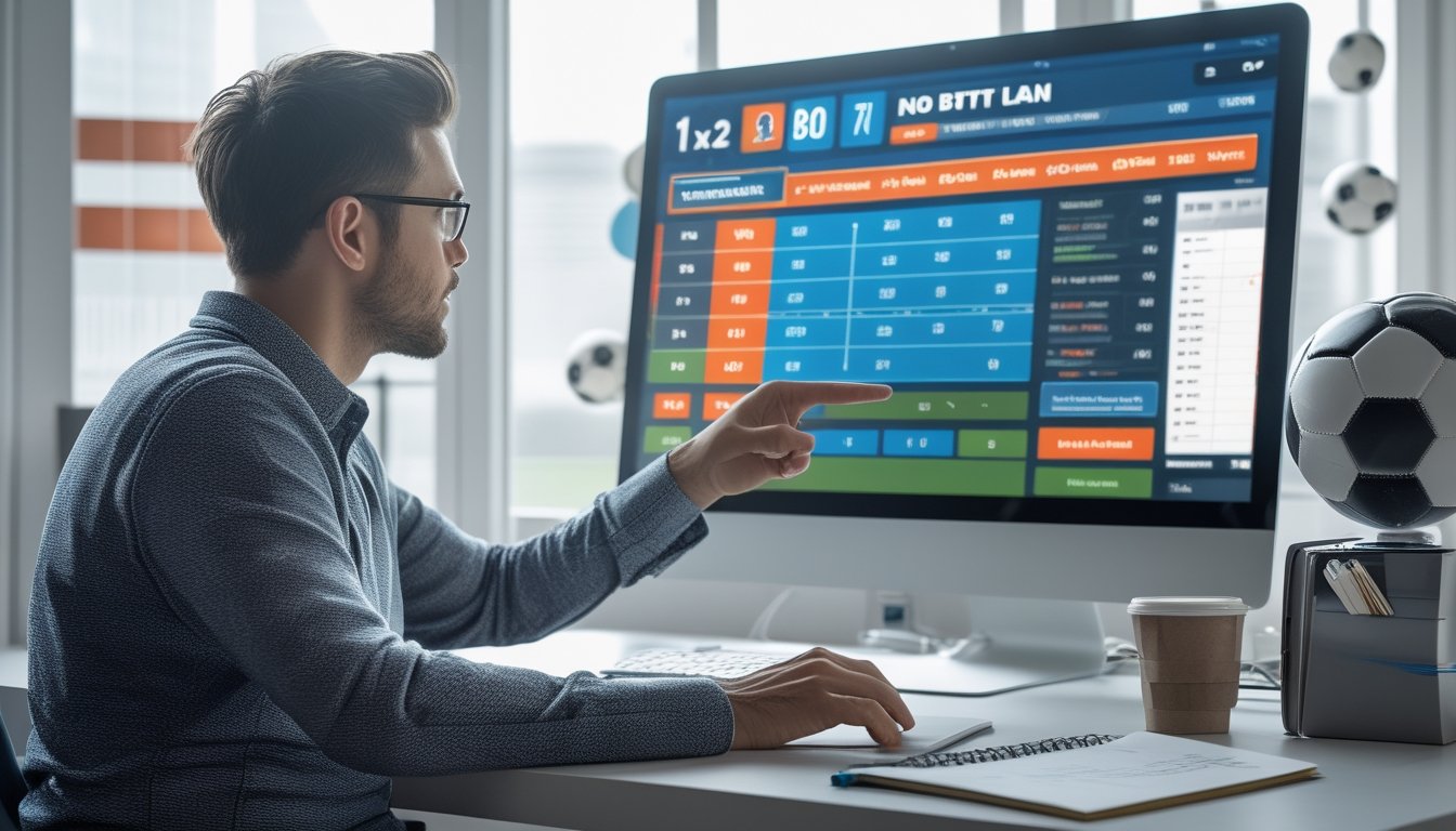 Seorang pria duduk di meja kantor modern sambil melihat layar komputer yang menampilkan pilihan taruhan sepak bola 1X2 dengan grafik dan statistik, di sekitarnya terdapat bola sepak dan catatan strategi.