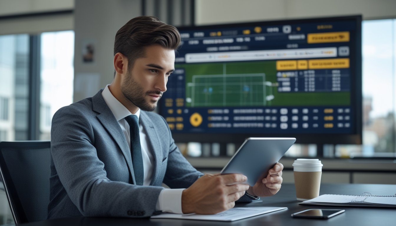Seorang pria profesional sedang menganalisis data taruhan sepak bola 1X2 di tablet di kantor modern dengan layar besar menampilkan skor pertandingan sepak bola.