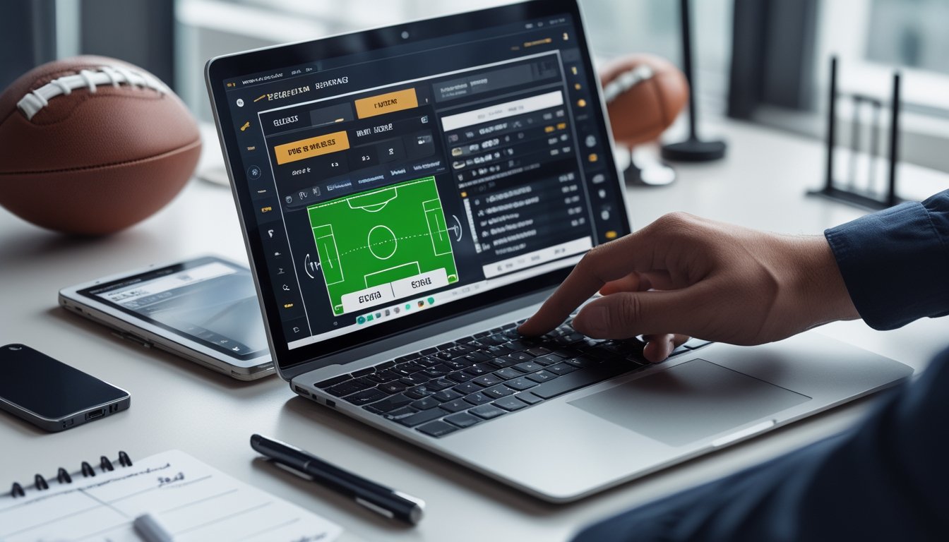 Seseorang menggunakan laptop dan ponsel untuk melihat peluang taruhan sepak bola online dengan bola dan alat tulis di meja.