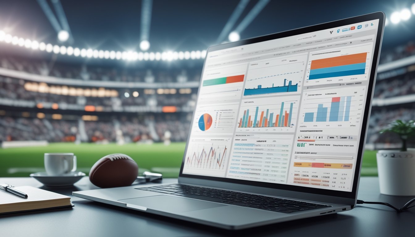 Meja kerja modern dengan laptop menampilkan grafik statistik sepak bola, bola sepak, buku catatan, dan layar besar dengan stadion sepak bola penuh penonton.
