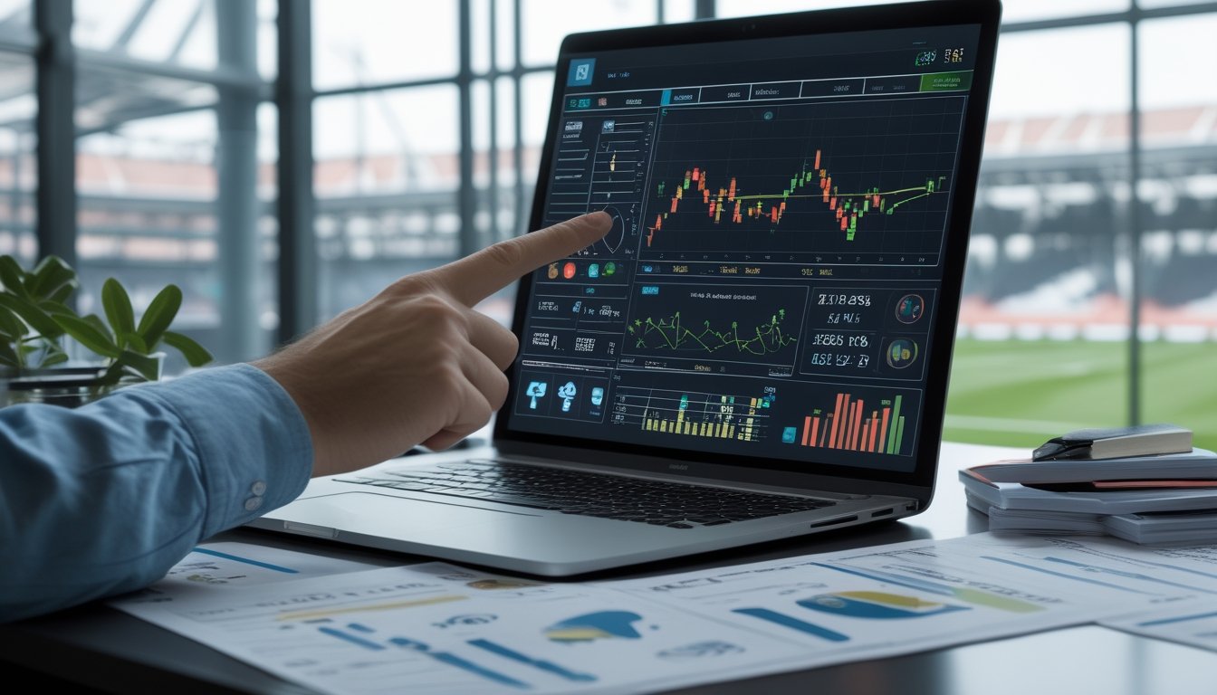Sebuah ruang kerja modern dengan laptop yang menampilkan grafik statistik taruhan sepak bola dan tangan seseorang menunjuk layar.