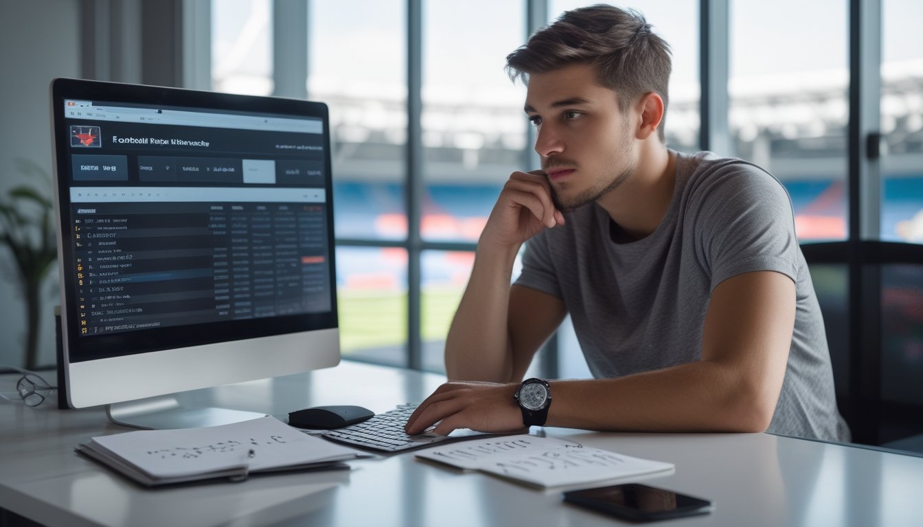 Seorang pria muda sedang duduk di meja dengan laptop dan smartphone yang menampilkan aplikasi taruhan sepak bola, terlihat fokus menganalisis data pertandingan.