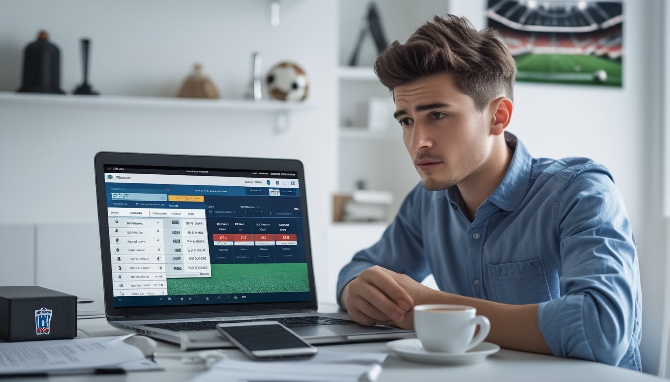 Seorang pria muda duduk di meja dengan laptop, mempelajari taruhan sepak bola 1X2 dengan serius.