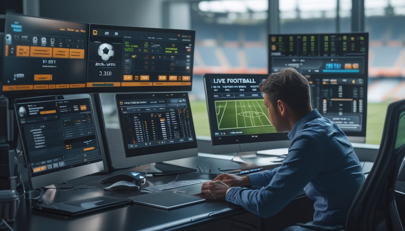 Seorang analis olahraga sedang bekerja dengan beberapa layar yang menampilkan pertandingan sepak bola langsung dan data taruhan di sebuah meja modern.