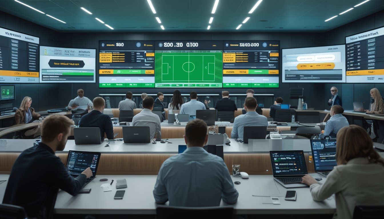 Orang-orang sedang melakukan taruhan sepak bola secara langsung menggunakan perangkat digital dengan layar besar menampilkan pertandingan dan data taruhan.