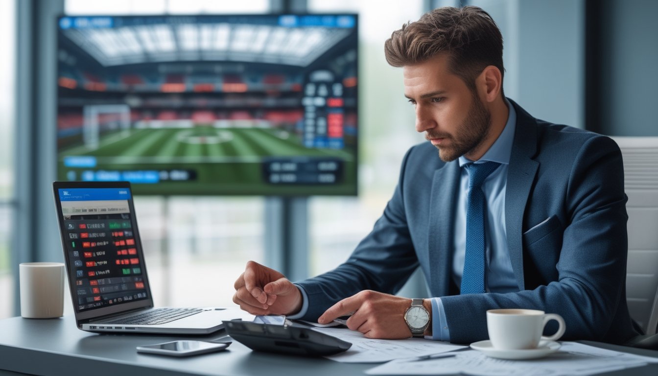 Seorang pria sedang mengelola keuangan taruhan sepak bola di kantor dengan laptop, kalkulator, dan dokumen di meja.