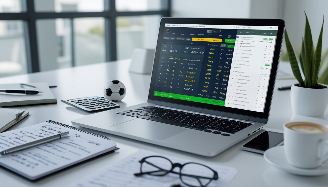 Meja kerja dengan laptop yang menampilkan statistik sepak bola dan peluang taruhan, kalkulator, catatan, dan figur bola kecil di ruangan kantor yang terang.